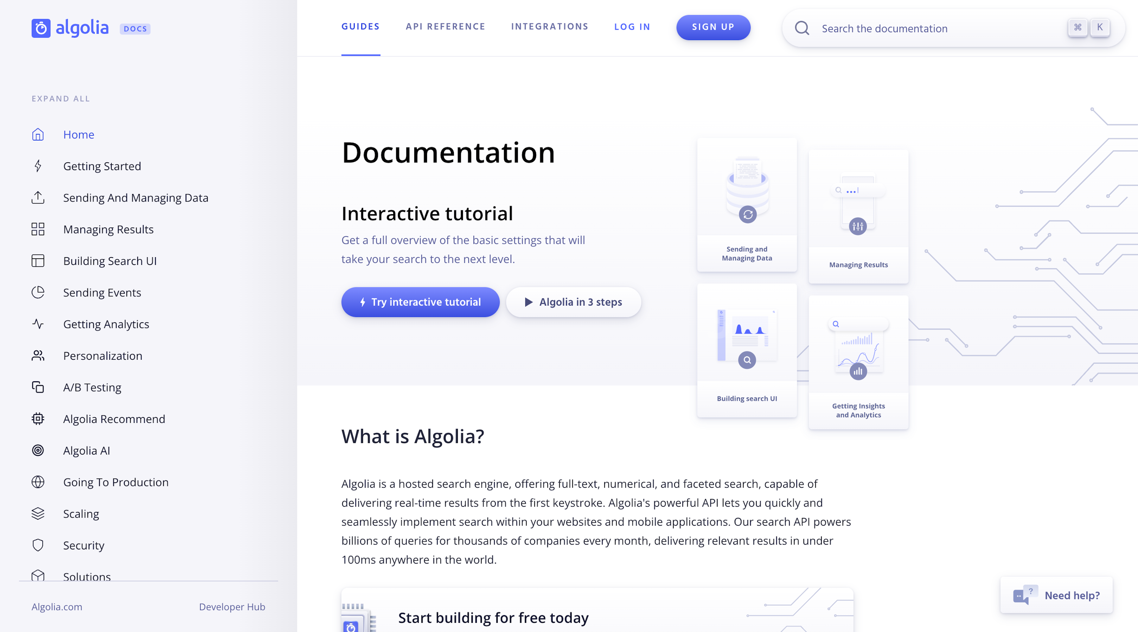 Screenshot of the Algolia documentation home page. A fixed sidebar lists the various guides. Call-to-actions in the hero section invite the user to try an interactive tutorial or learn more about Algolia.