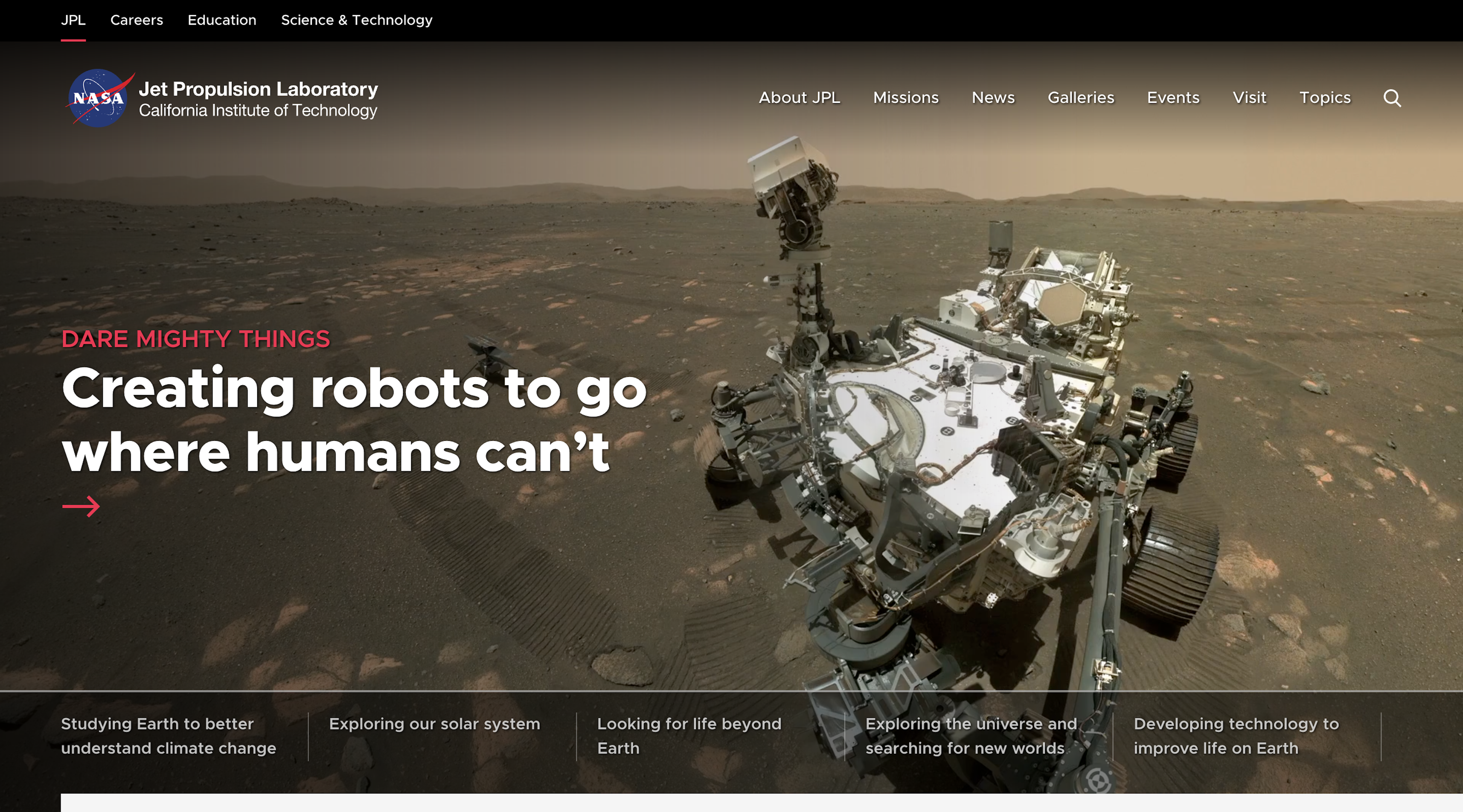 Screenshot of the NASA Jet Propulsion Laboratory home page. The header contains the NASA logo and main site navigation. The hero has a background image which is a selfie taken by NASA's Perseverance Mars Rover.