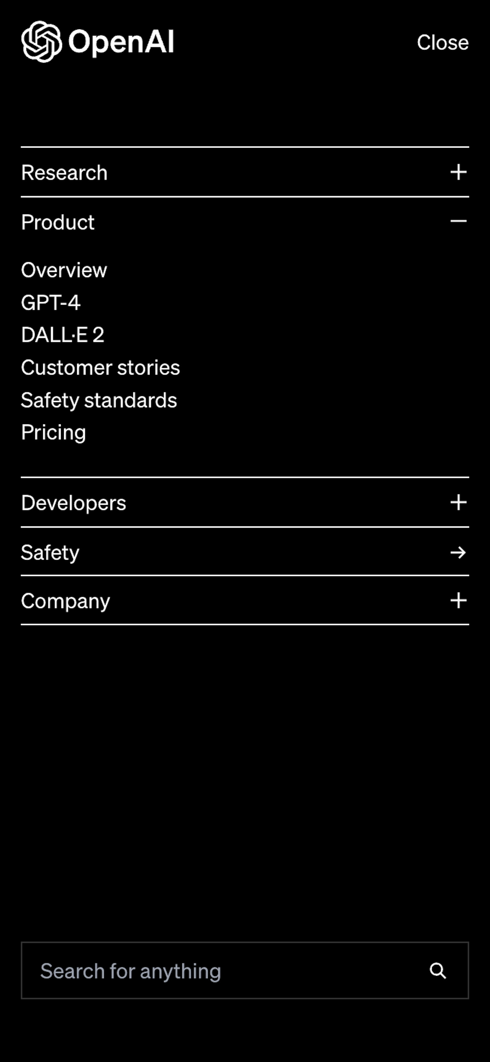 Screenshot of the OpenAI website on a 375-pixel wide mobile device. The background color is black with white text, and each menu item that can be expanded shows a plus icon. The menu items that are just a link shows an arrow icon instead.