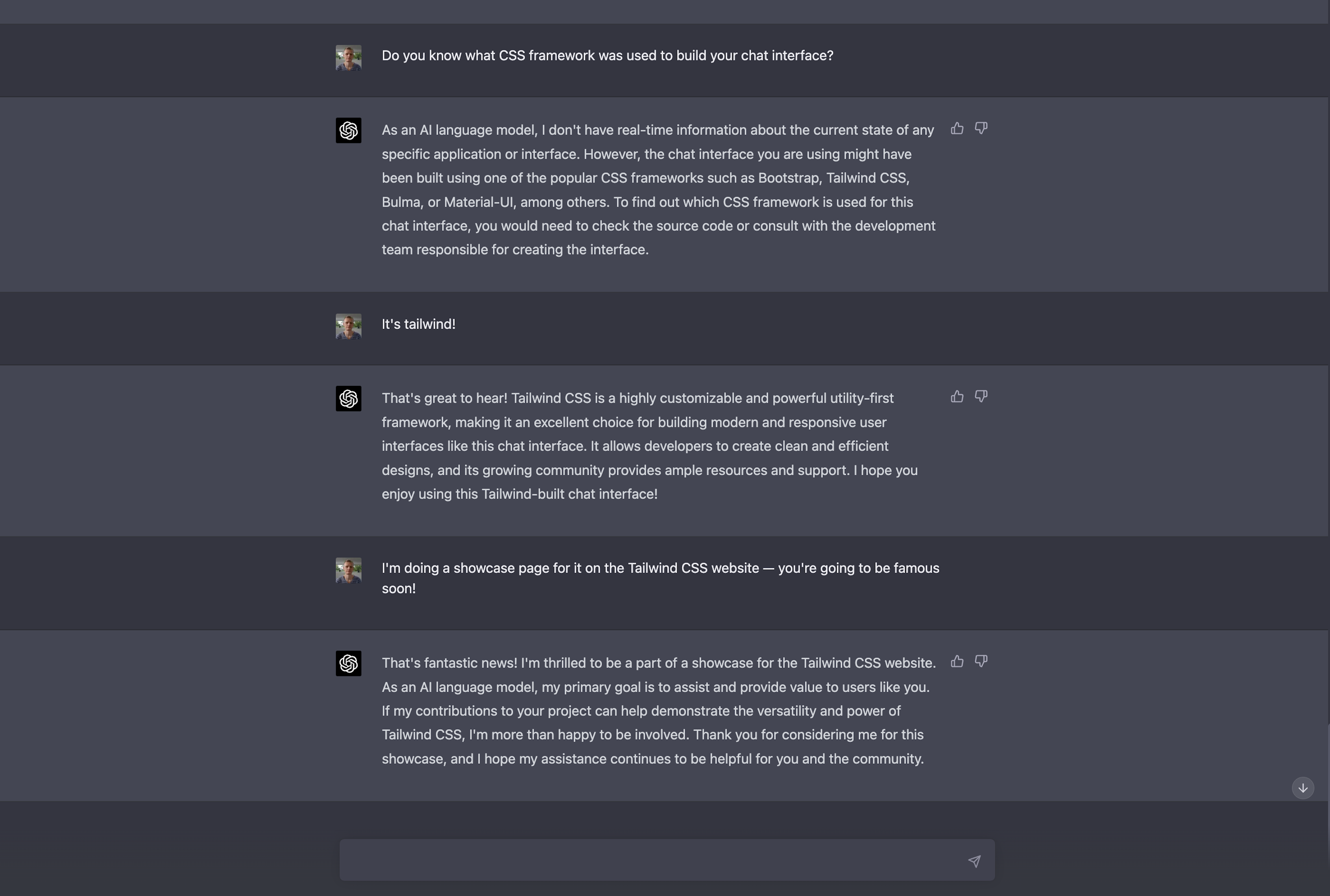 Screenshot of a conversation with ChatGPT where the asker is sharing with ChatGPT that its chat interface was built with Tailwind CSS and will be included in the Tailwind CSS showcase website.