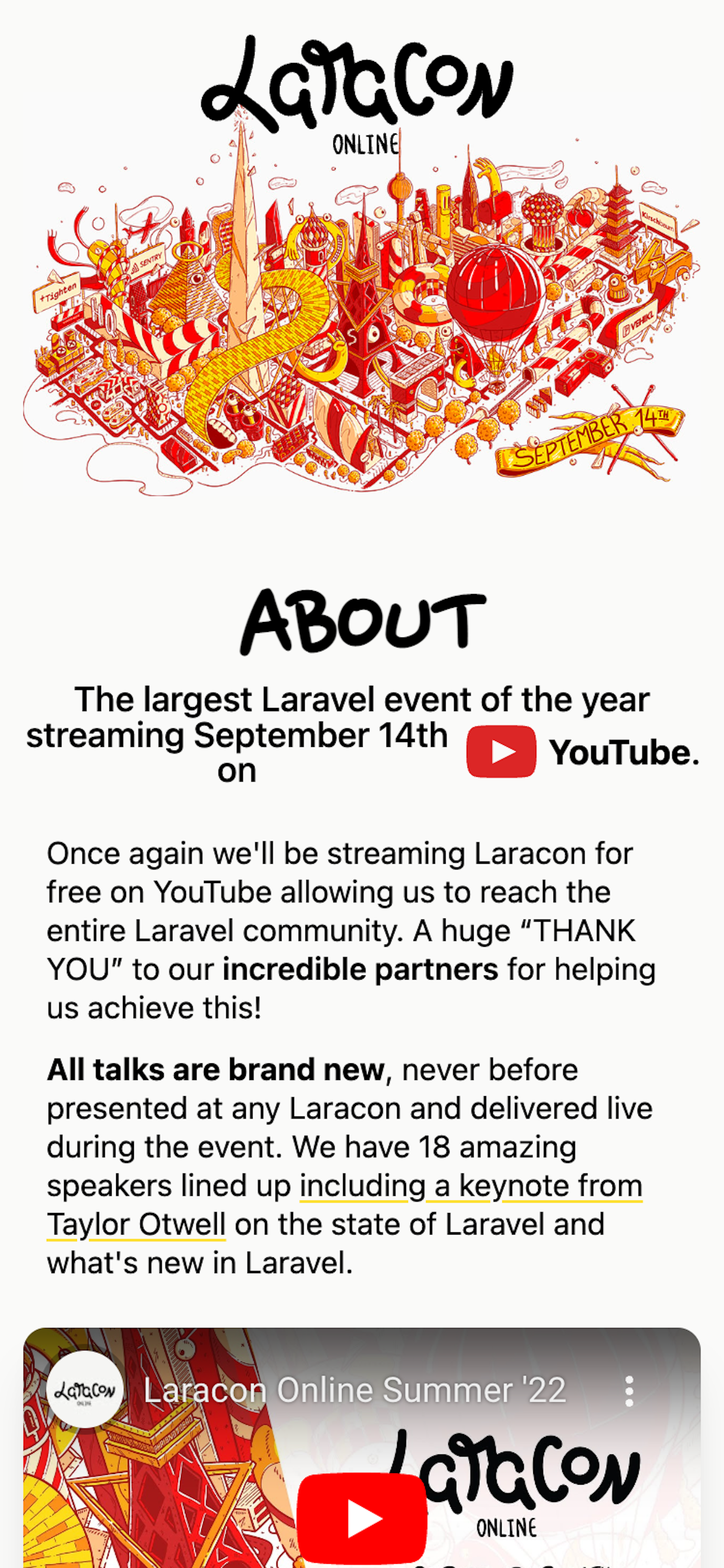 Mobile screenshot of the 'About' section of the Laracon Online website. At the top of the page is the Laracon Online logo and a detailed illustration of a fantastical make believe city. The section explains what Laracon Online is, followed by an embedded YouTube video.