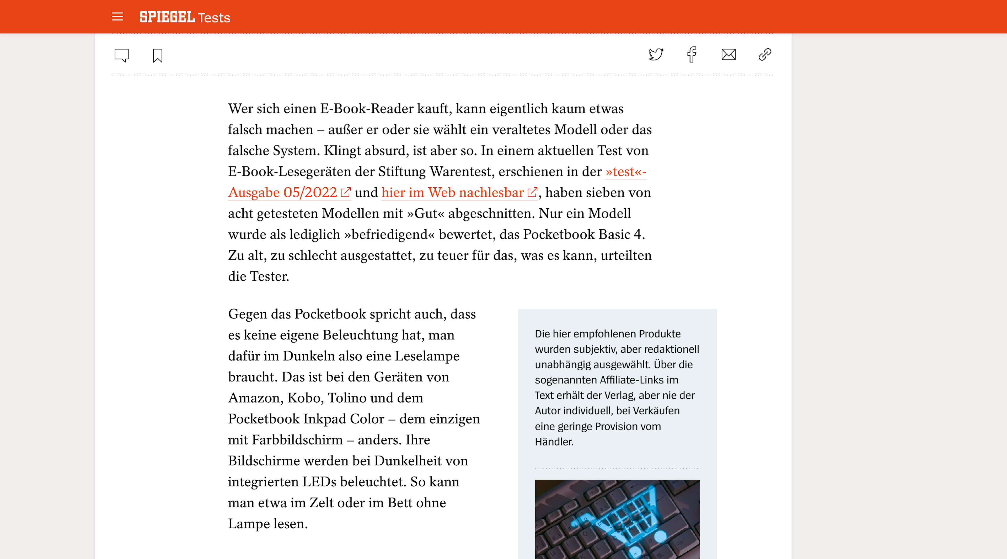 Screenshot of an article on the Der Spiegel website. The header contains a menu button and the Spiegel logo. Above the article text is a row of icons for sharing or bookmarking the article.