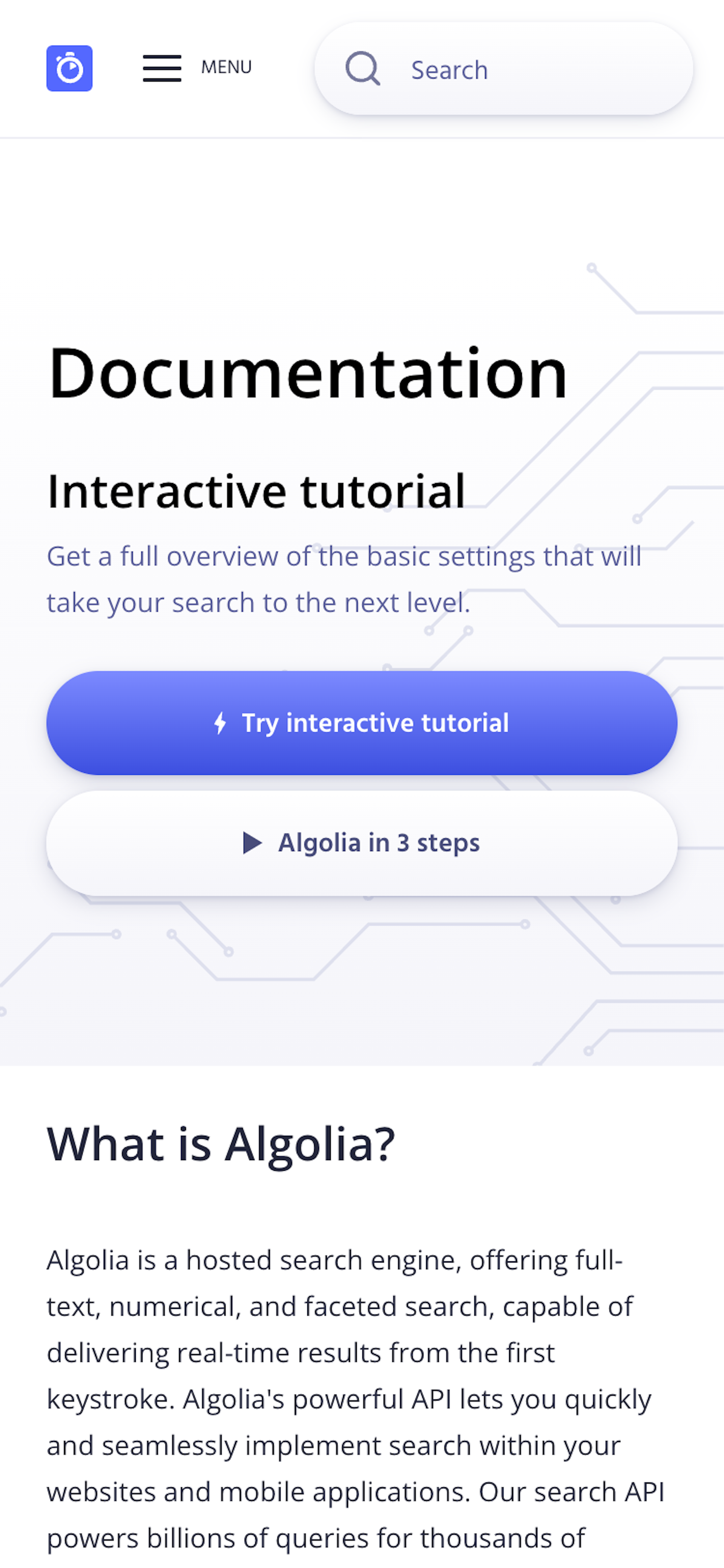 A mobile screenshot of the Algolia documentation home page. A header contains a 'menu' button and a 'search' button. Call-to-actions in the hero section invite the user to try an interactive tutorial or learn more about Algolia.