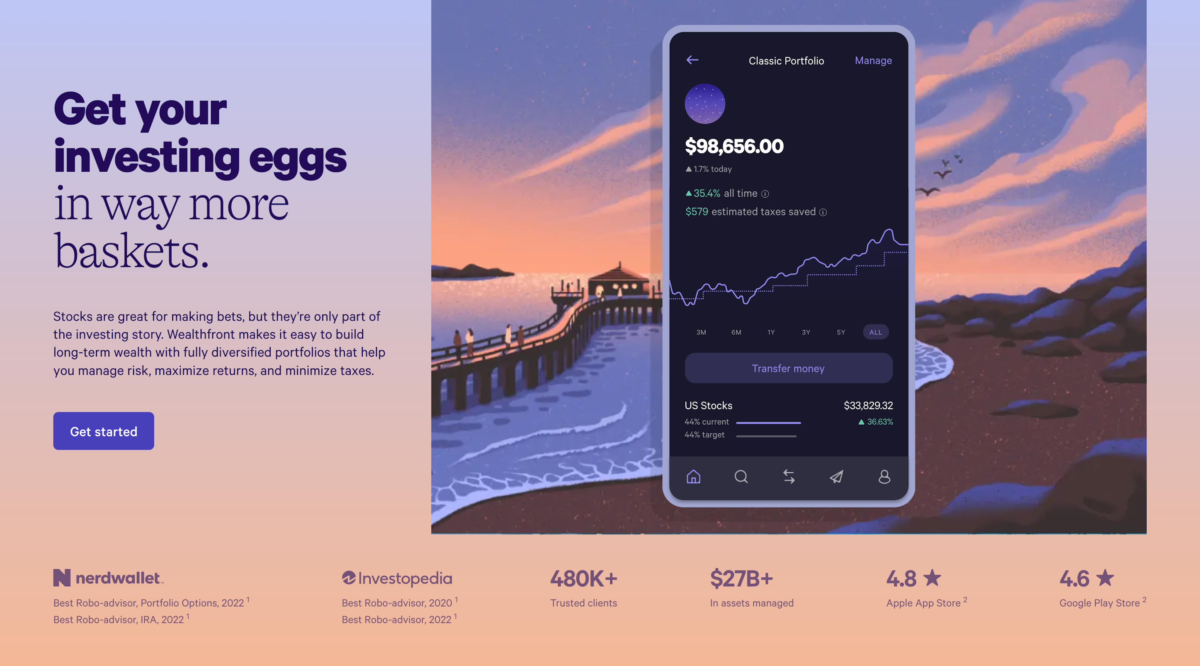 Screenshot of the Wealthfront website. On the right side of the screen is a screenshot of the Wealthfront mobile app. On the left is some information text, followed by a 'Get started' call-to-action button. Along the bottom of the screen are statistics such as number of clients and App Store rating.