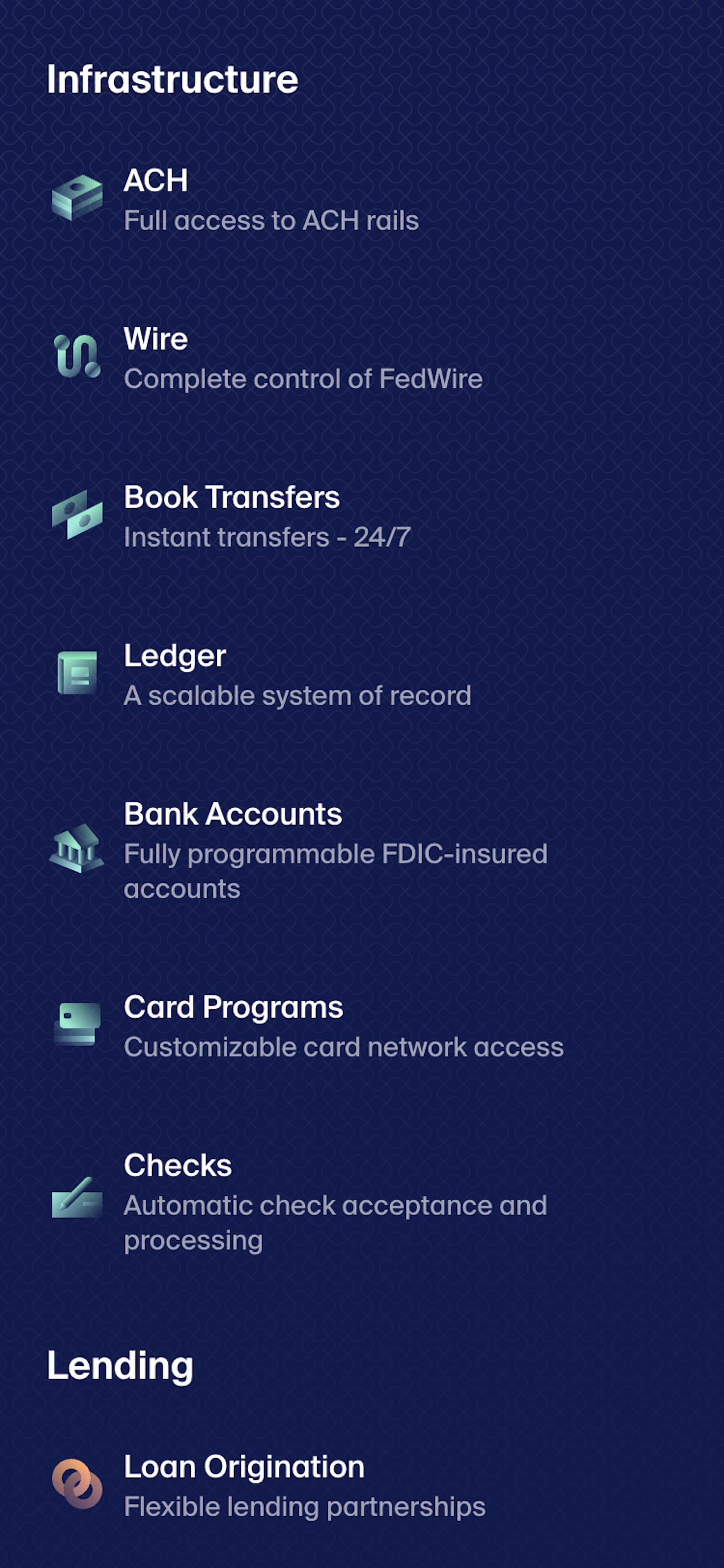 Mobile screenshot of a list of products on the Column website. The list contains items such as 'Book Transfers' and 'Bank Accounts', along with stylized icons and short descriptions of each.