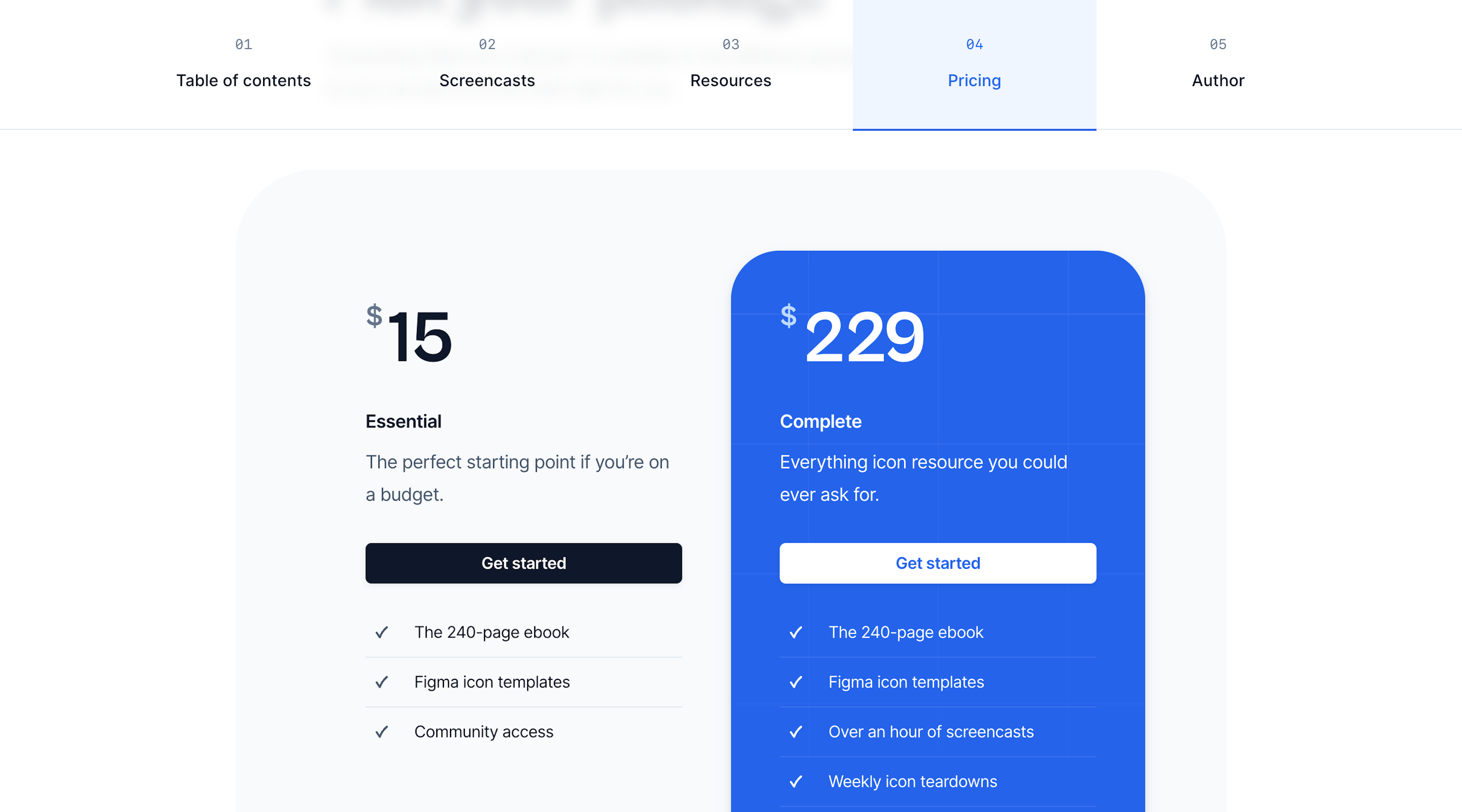 Screenshot of the 'Pricing' section of the Primer Tailwind UI template. Across the top of the screen is a list of page sections in a row. The 'Pricing' section is highlighted. Below is the pricing section itself, with the two plans arranged side-by-side. Each plan has a price, name, summary, features list, and 'Get started' button.