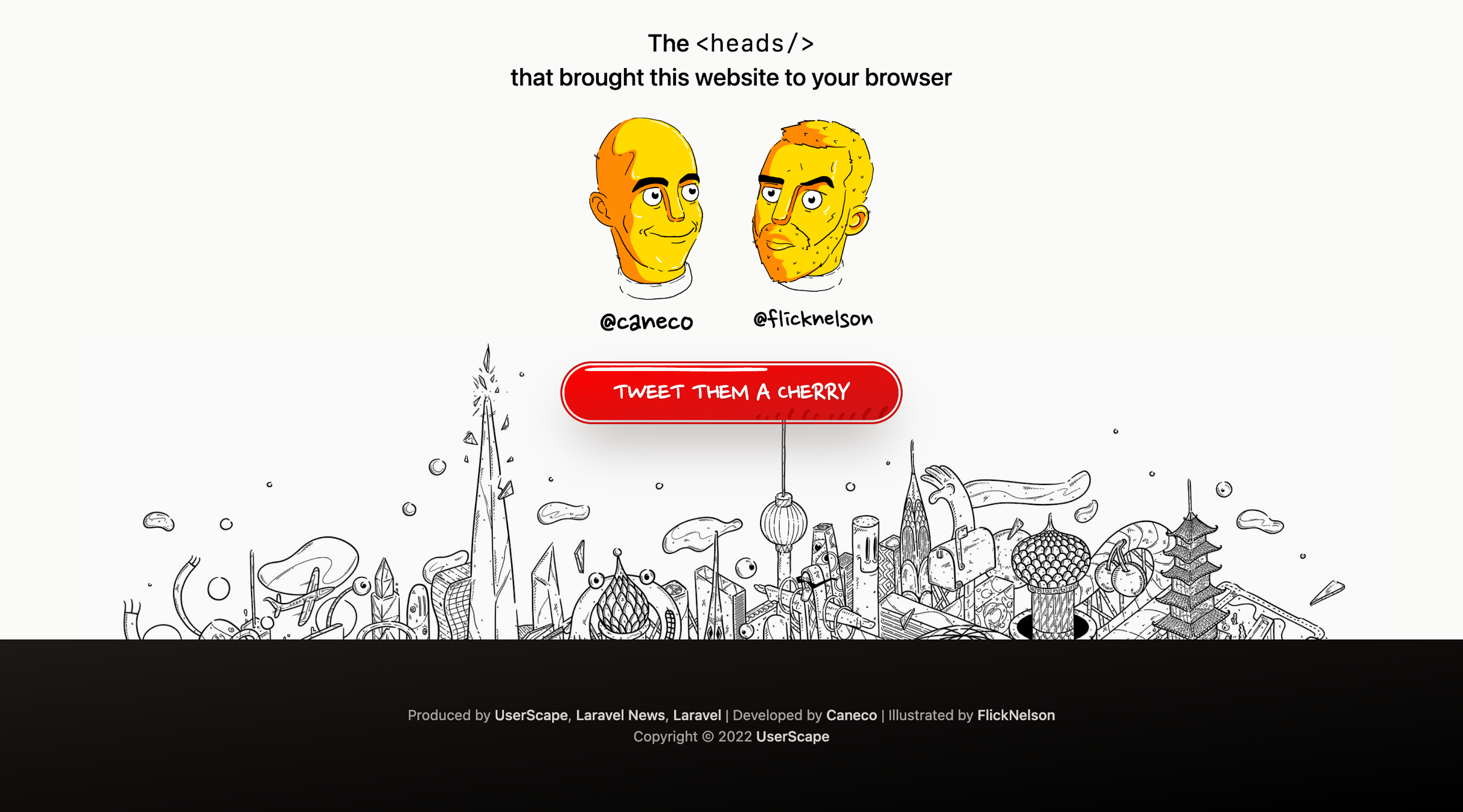 Screenshot of the footer of the Laracon Online website. There is a stylized illustration of the creators of the website, followed by a 'Tweet them a cherry' button. Below is a detailed illustration of a fantastical make believe city and site copyright notices.