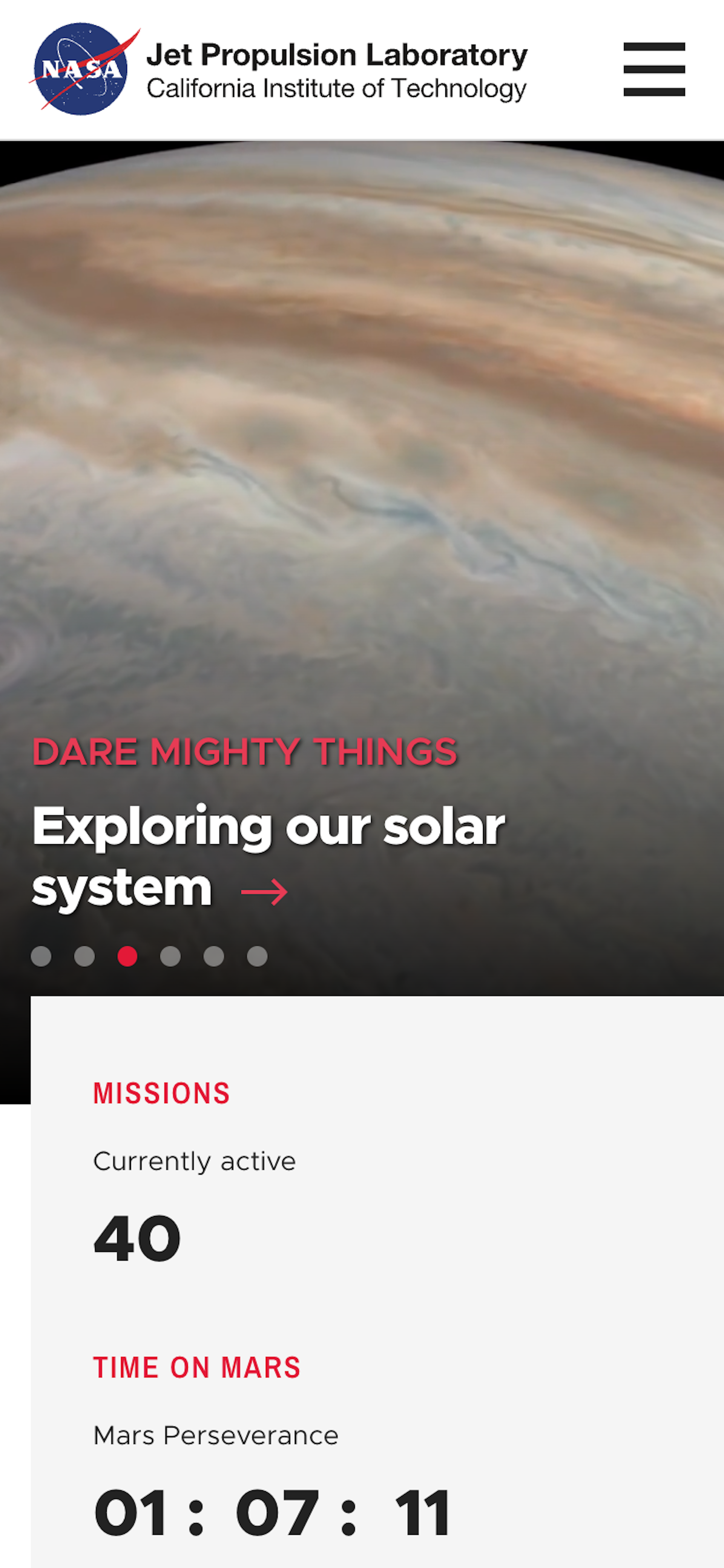 Mobile screenshot of the NASA Jet Propulsion Laboratory home page. The header container the NASA logo and a menu button. The hero links to the 'Solar System' page with an image of Jupiter in the background. Below is a count of active missions and a timer showing the time that the Perseverance Rover has spent on Mars.