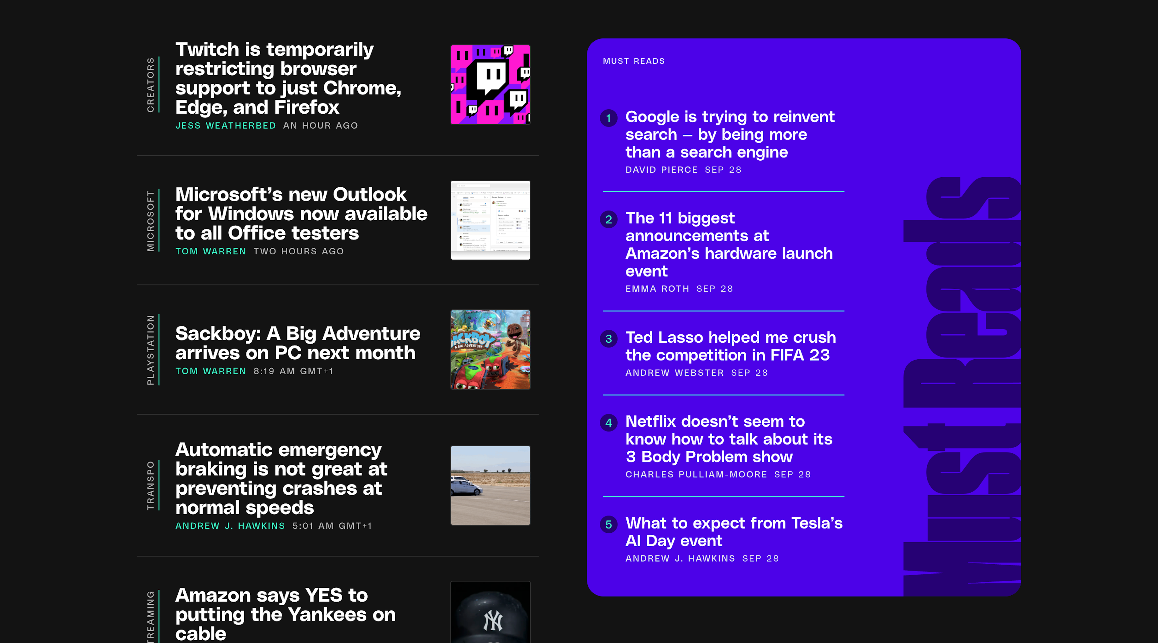 Screenshot of the Verge home page. The visible section lists articles in two columns. In the first column article titles are accompanied by small square images. On the right side (labelled 'Must Reads') articles are numbered one through five from top to bottom.