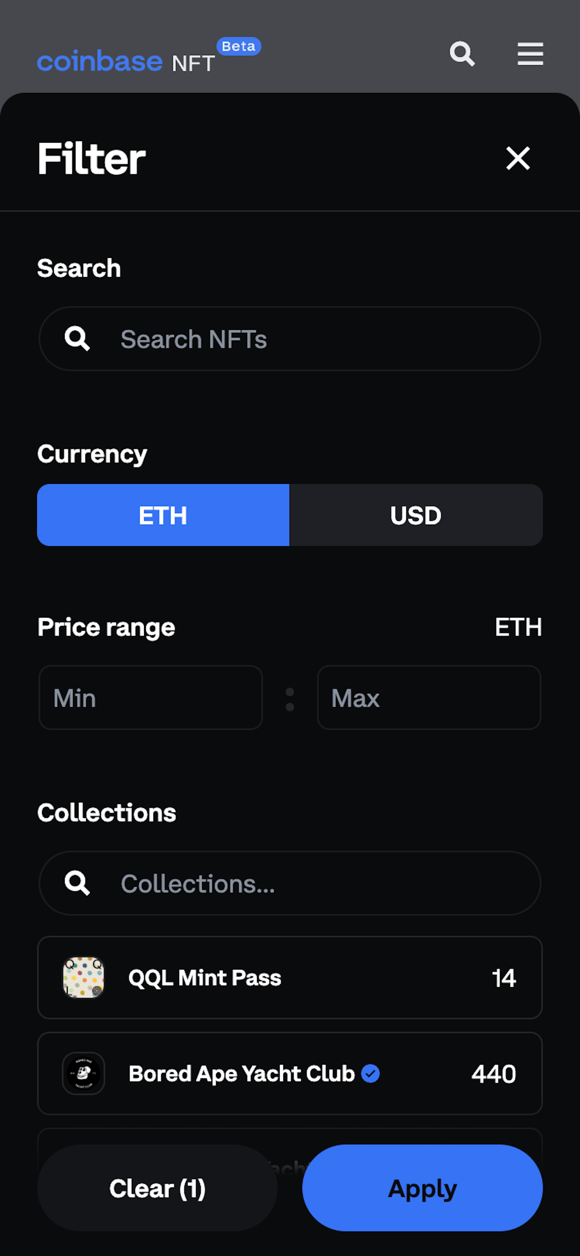 Mobile screenshot of the Coinbase NFT shop filter overlay. The overlay covers most of the screen and contains filters such as 'Search' and 'Price range'. At the bottom of the screen are buttons to 'Clear' or 'Apply' the filters.